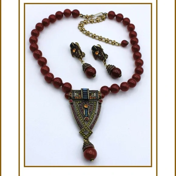HEIDI DAUS MULTI CRYSTAL CARNELIAN BEAD STRAND NECKLACE /EARRING
